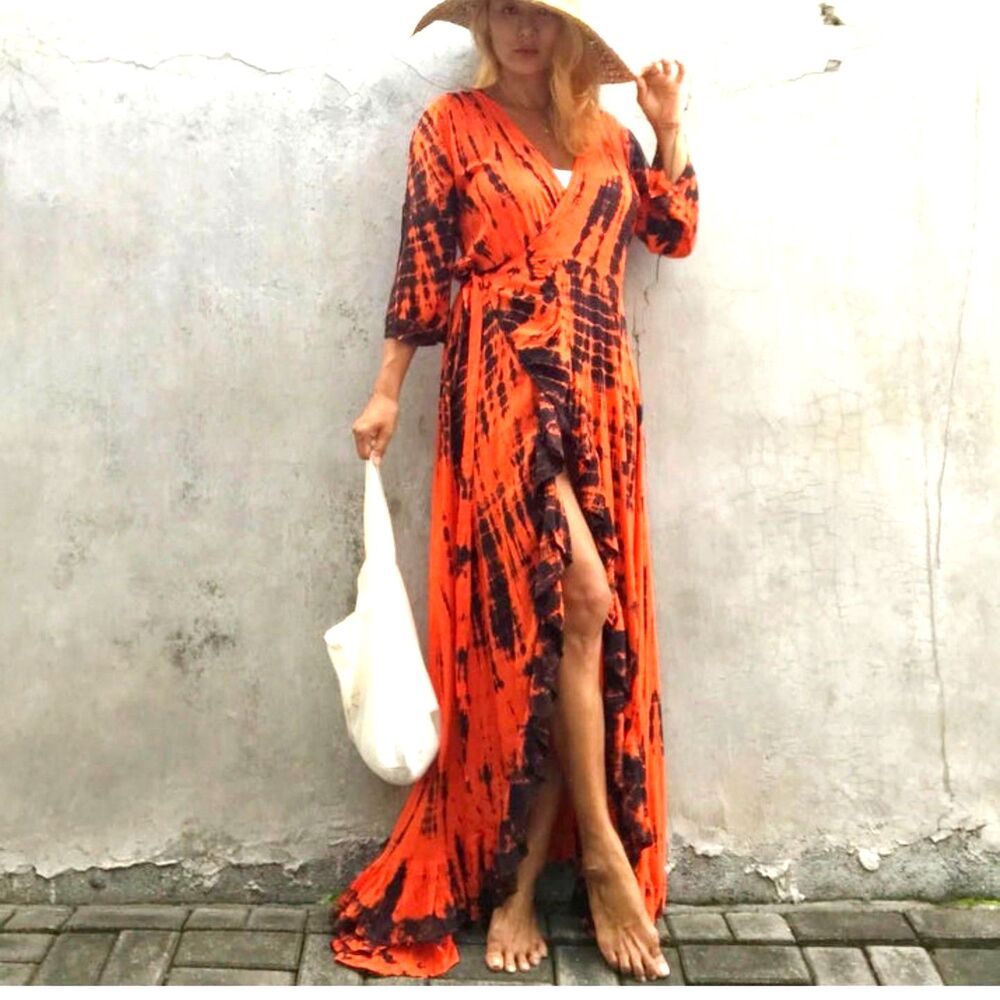 Folkreligion Tie Dye Wrap Dress High Low Ruffle Maxi Duster Kimono One Size OS